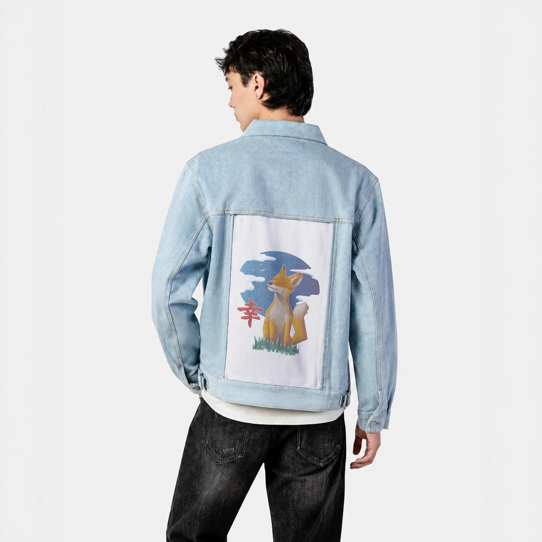happiness patch on male og denim jacket in oceanside