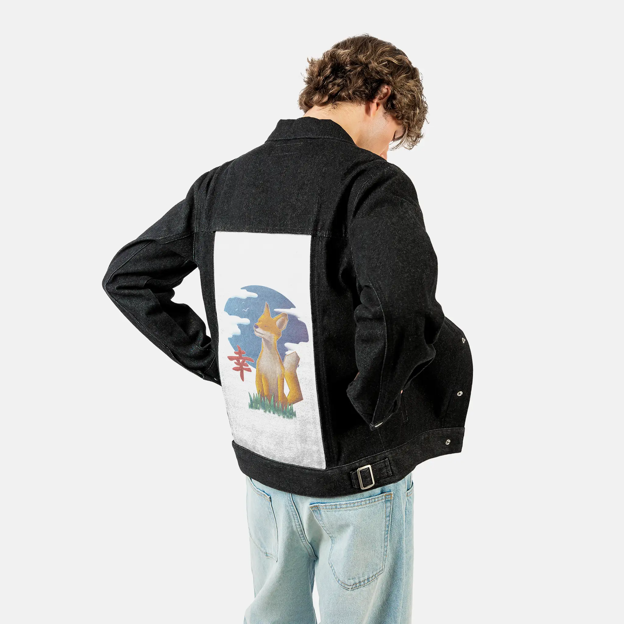 happiness patch on male og denim jacket in raven