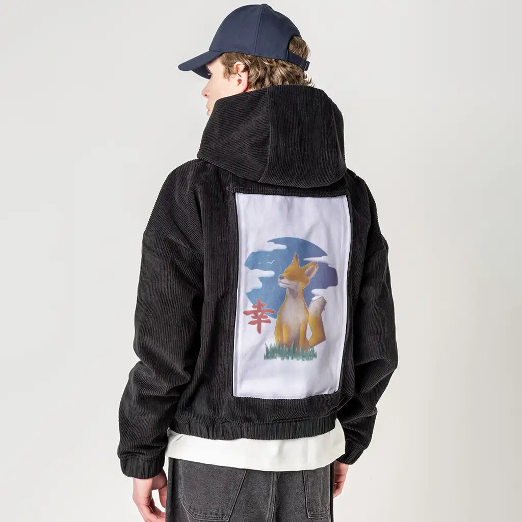 happiness patch on male retro cord hoodie in onyx