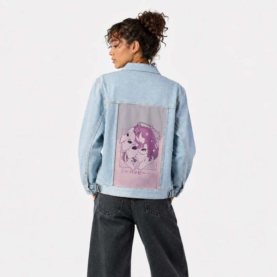 happy patch on female og denim jacket in oceanside