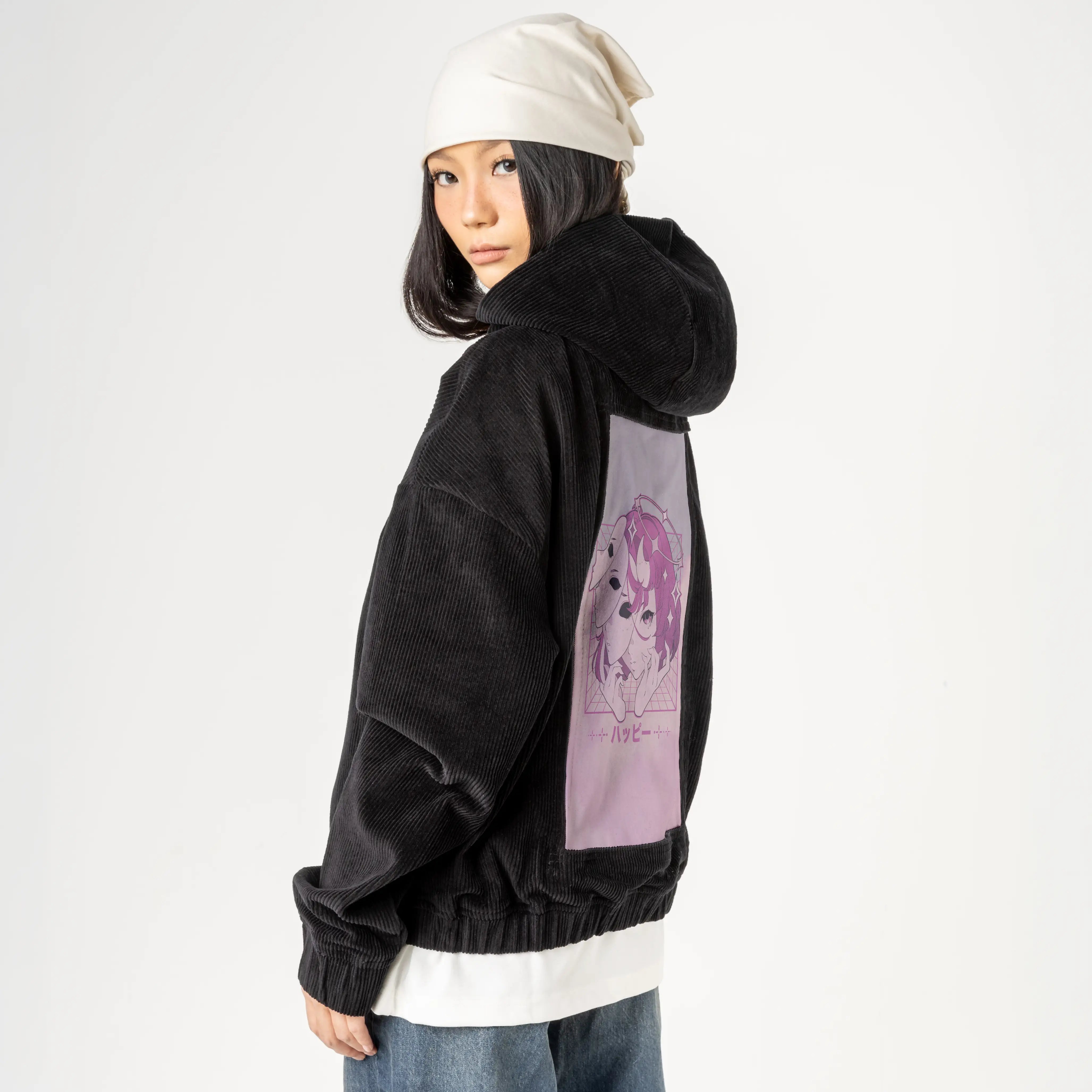 happy patch on female retro cord hoodie in onyx