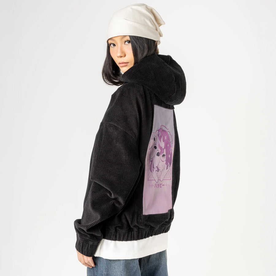 happy patch on female retro cord hoodie in onyx