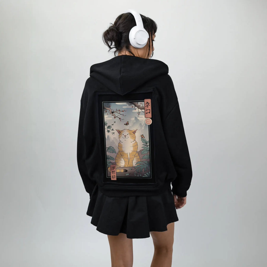 happyedocat patch on female essential zip hoodie in after hours