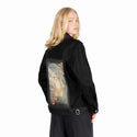 happyedocat patch on female og denim jacket in raven