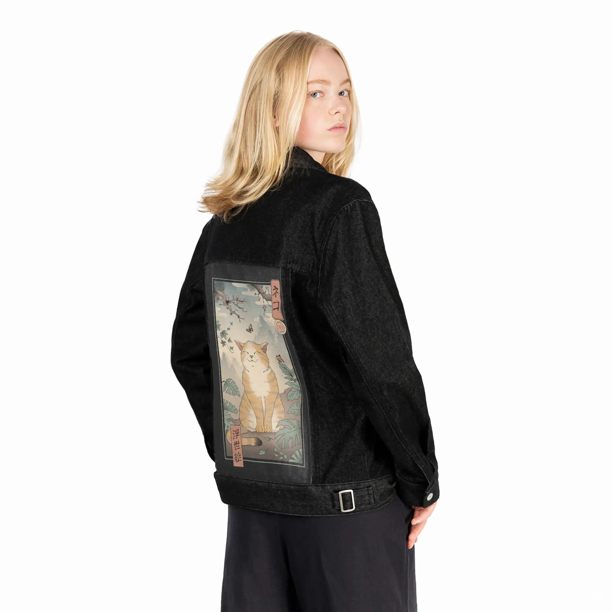 happyedocat patch on female og denim jacket in raven