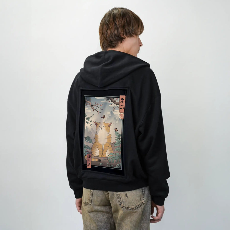 happyedocat patch on male essential zip hoodie in after hours