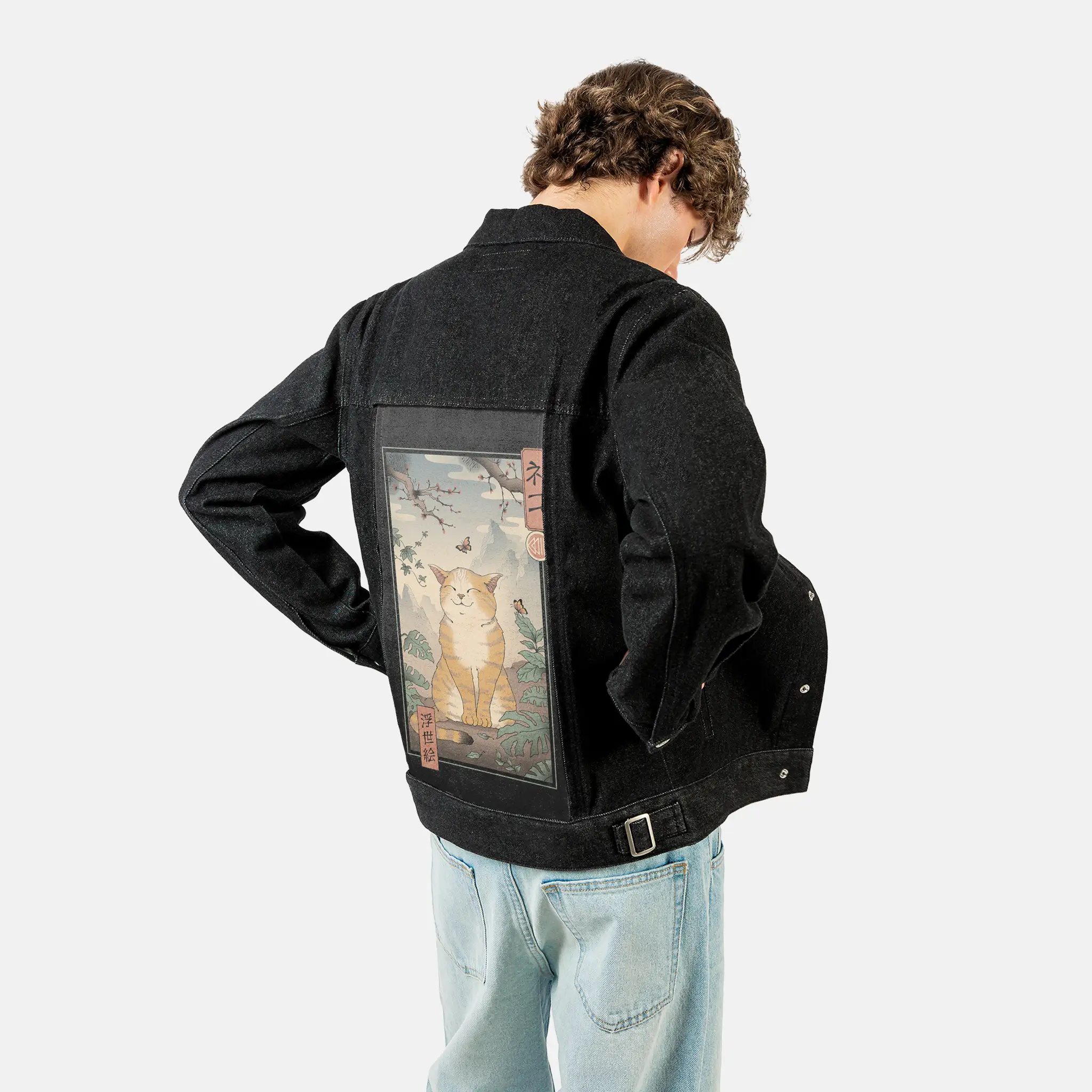happyedocat patch on male og denim jacket in raven