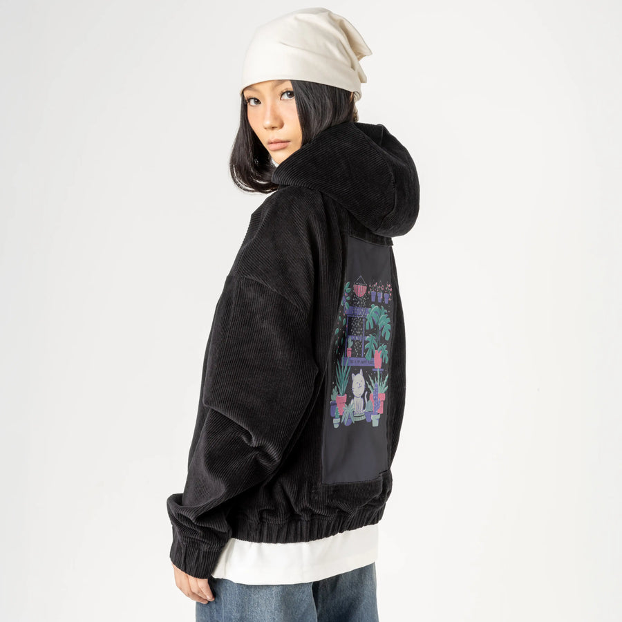 happyplaceplants patch on female retro cord hoodie in onyx