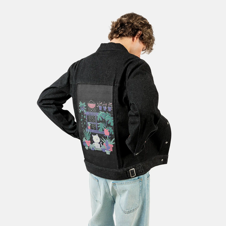 happyplaceplants patch on male og denim jacket in raven