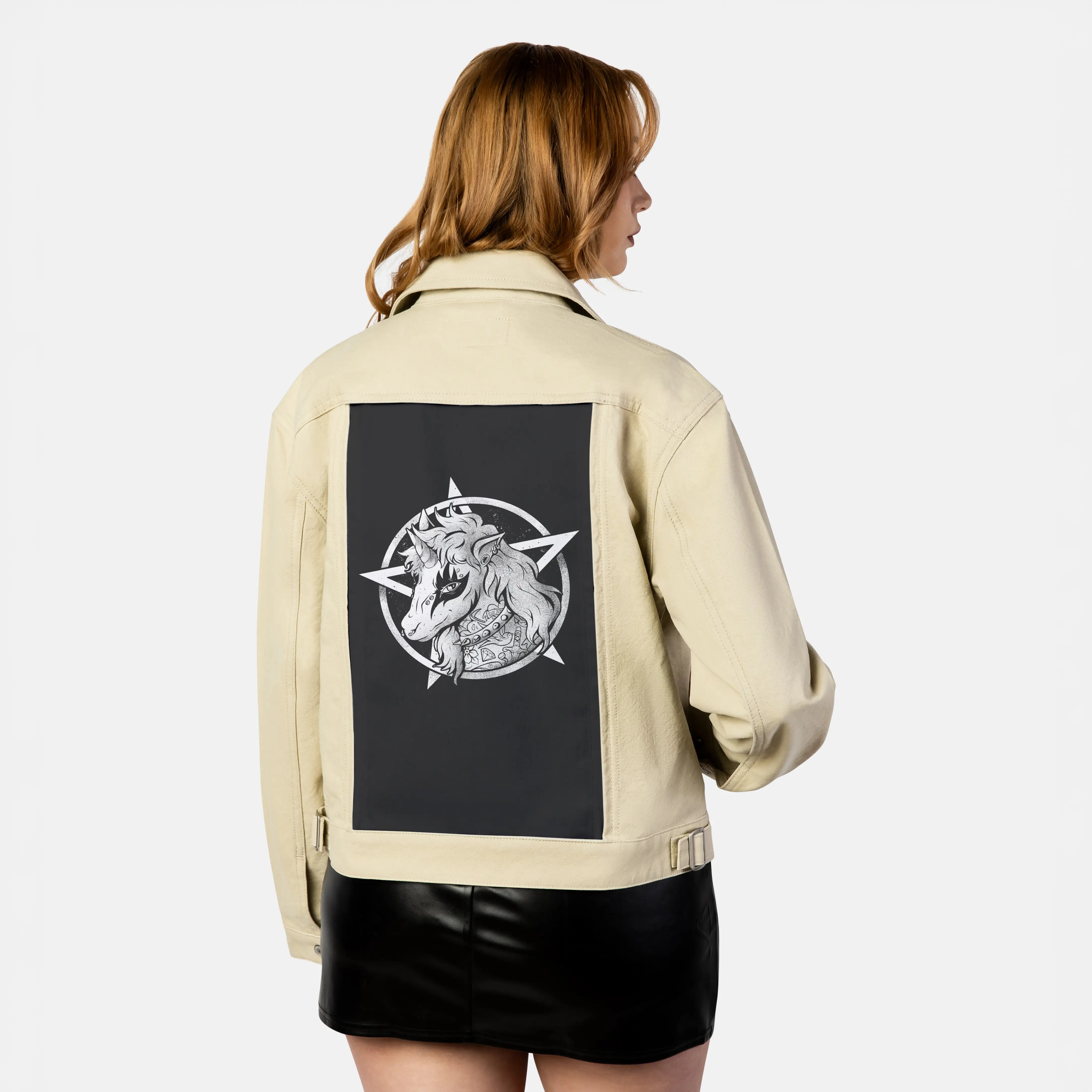 hardcorn patch on female atelier canvas jacket in tan