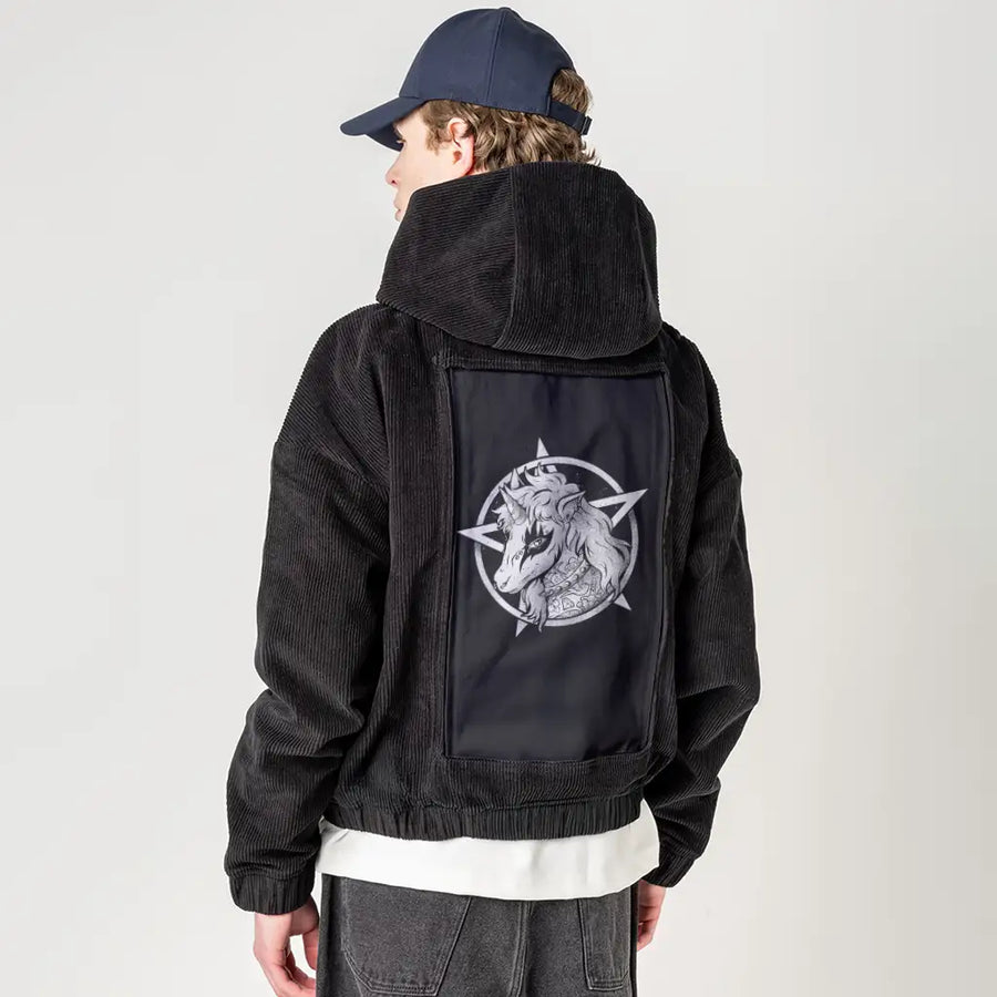 hardcorn patch on male retro cord hoodie in onyx