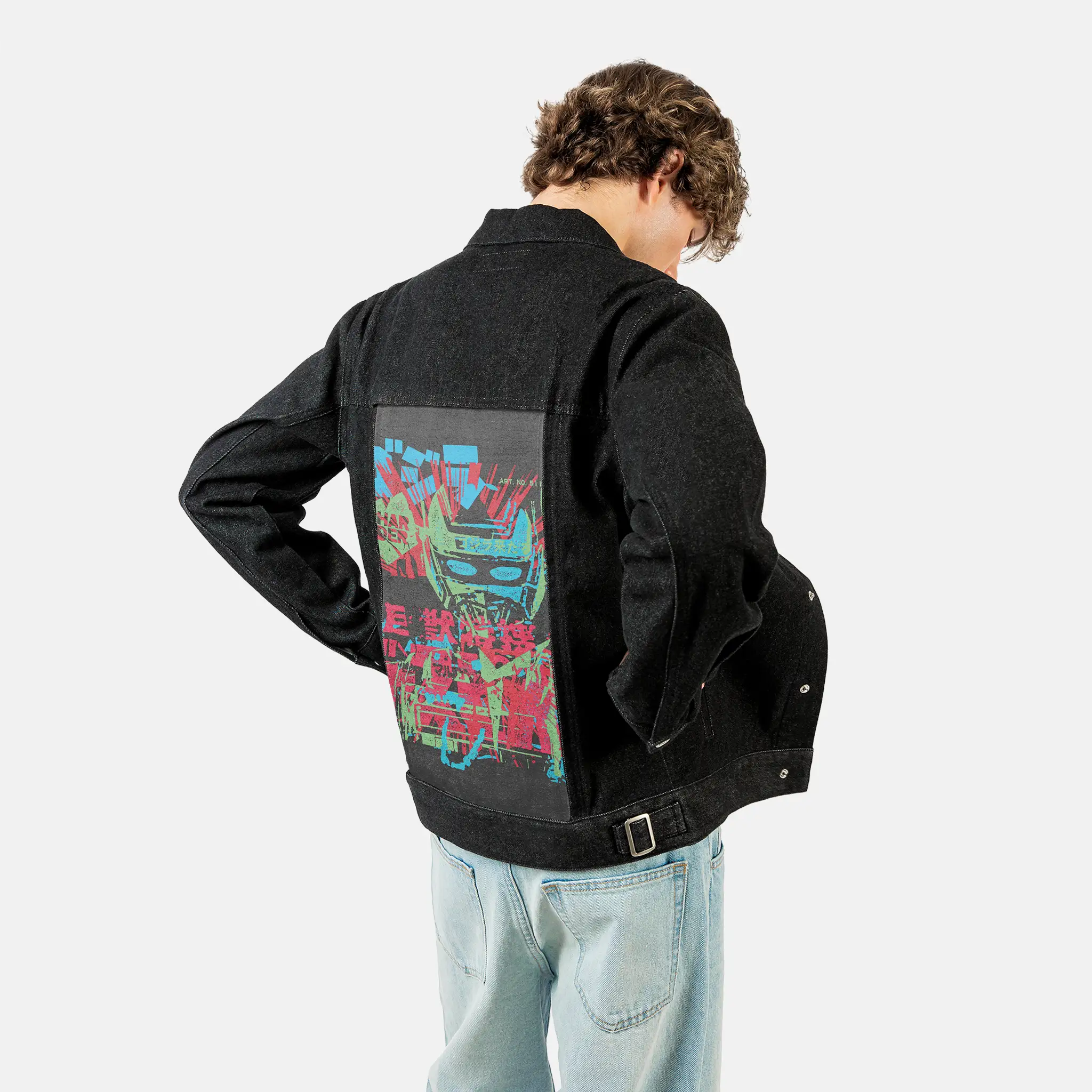 harder patch on male og denim jacket in raven