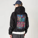 harder patch on male retro cord hoodie in onyx