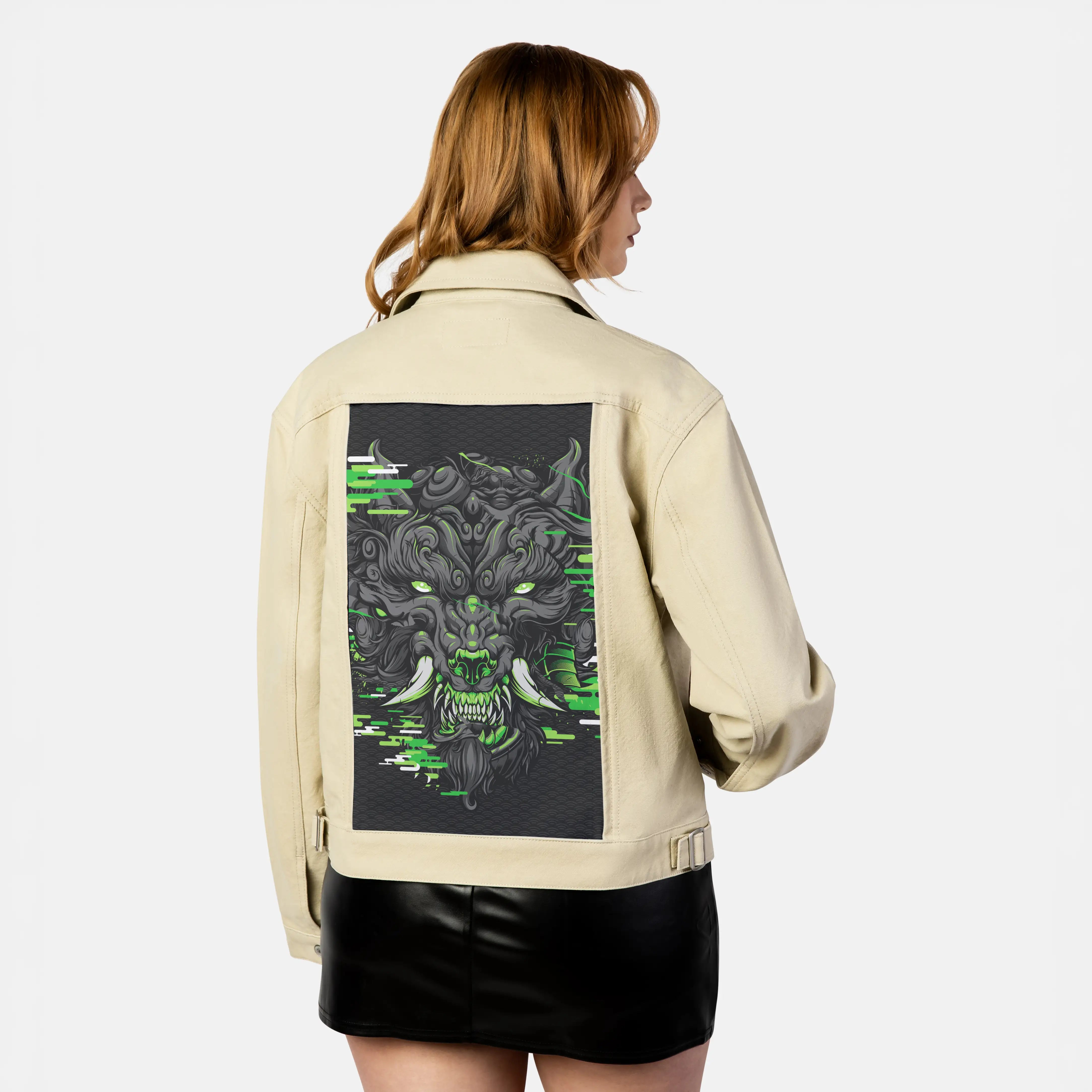 harlequinfuwolf patch on female atelier canvas jacket in tan