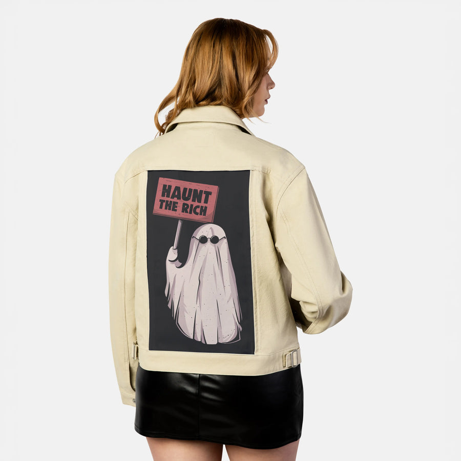 haunttherich patch on female atelier canvas jacket in tan