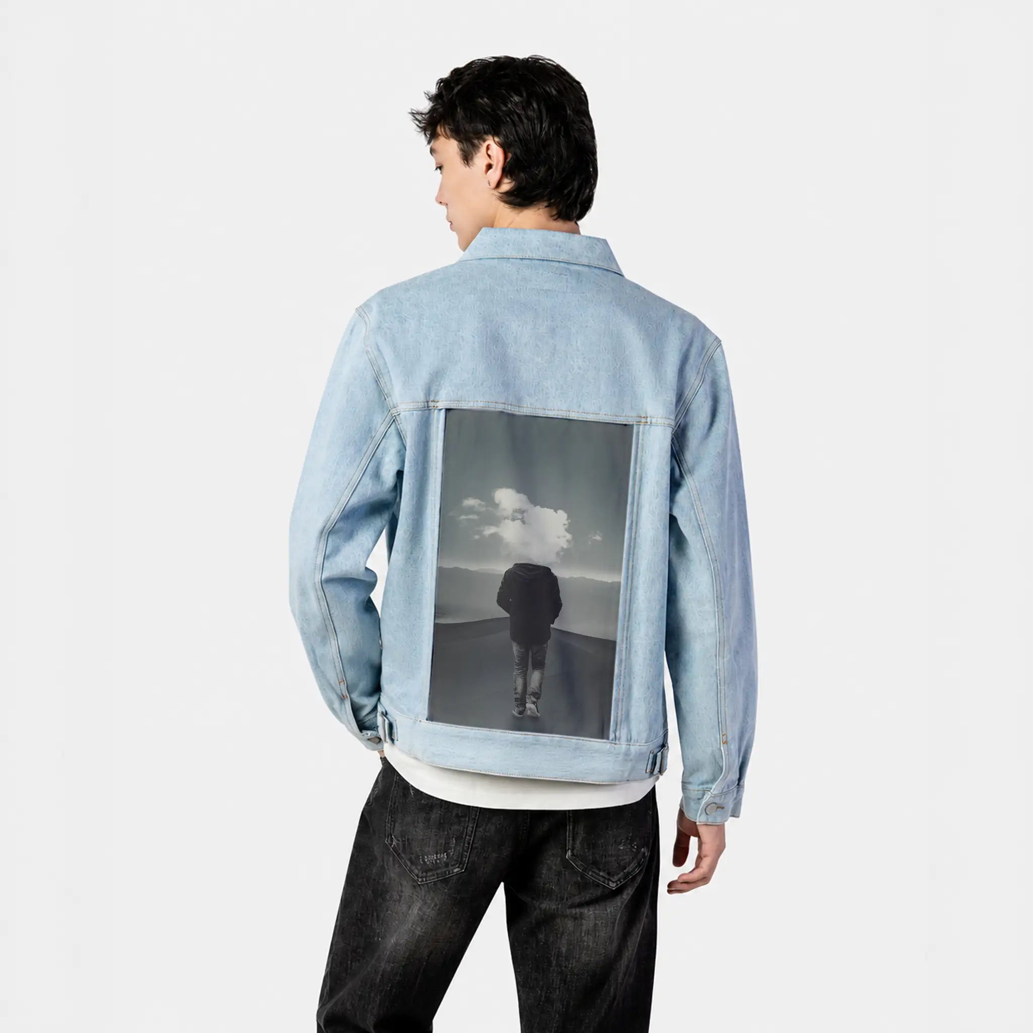 headincloud patch on male og denim jacket in oceanside