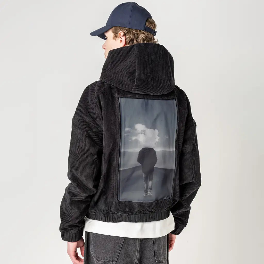 headincloud patch on male retro cord hoodie in onyx