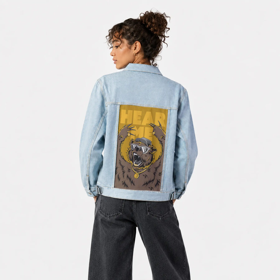 hearmeroar patch on female og denim jacket in oceanside
