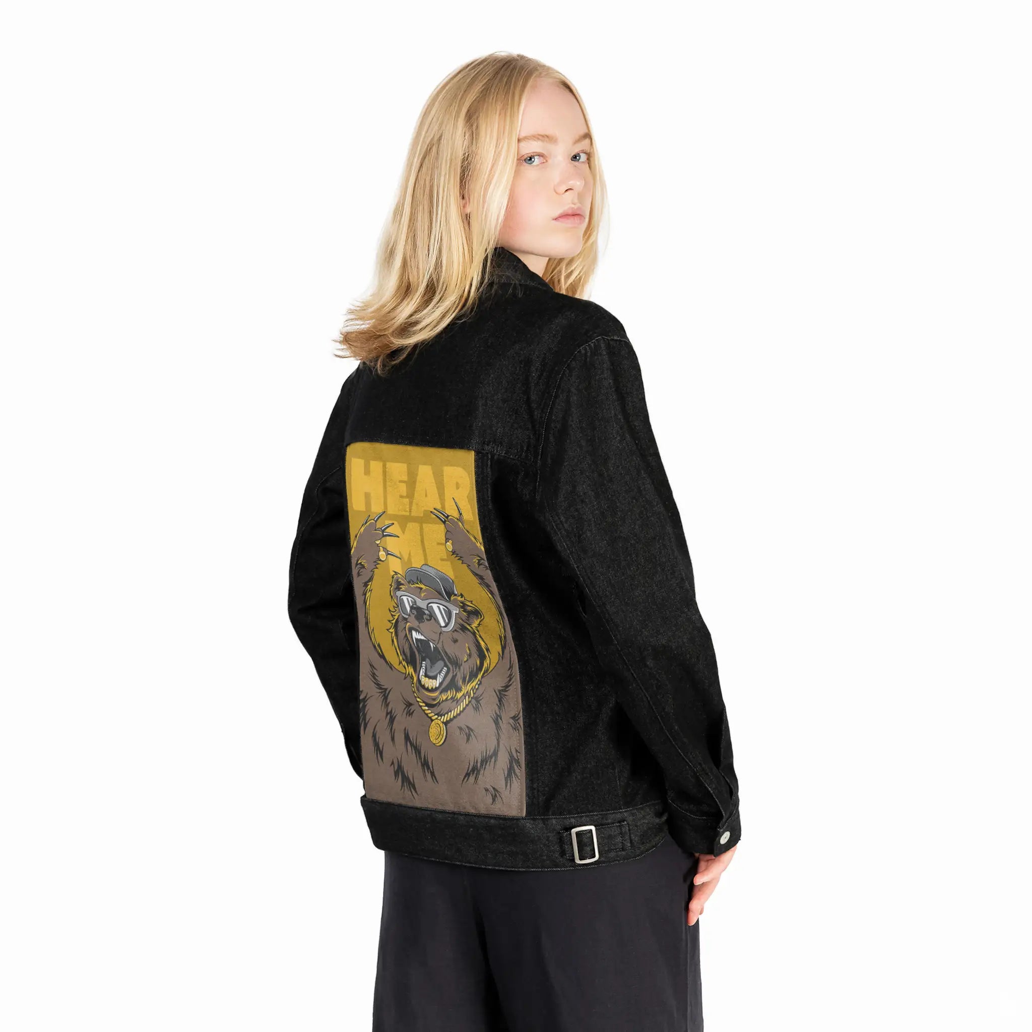 hearmeroar patch on female og denim jacket in raven
