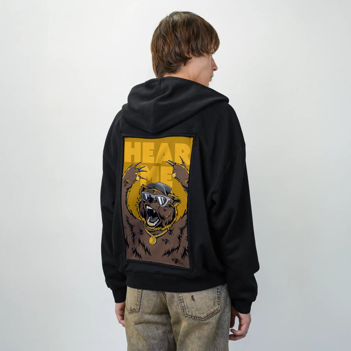 hearmeroar patch on male essential zip hoodie in after hours