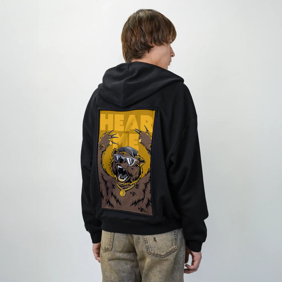 hearmeroar patch on male essential zip hoodie in after hours