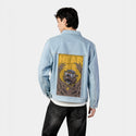 hearmeroar patch on male og denim jacket in oceanside