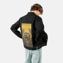 hearmeroar patch on male og denim jacket in raven