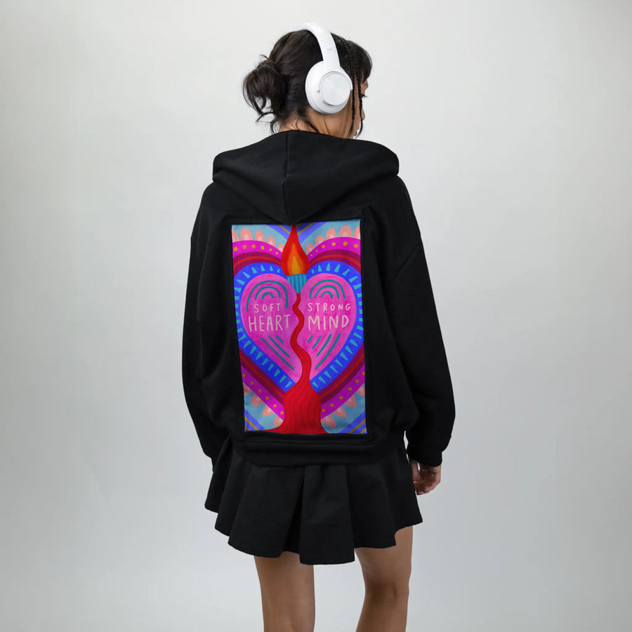 heartandmind patch on female essential zip hoodie in after hours