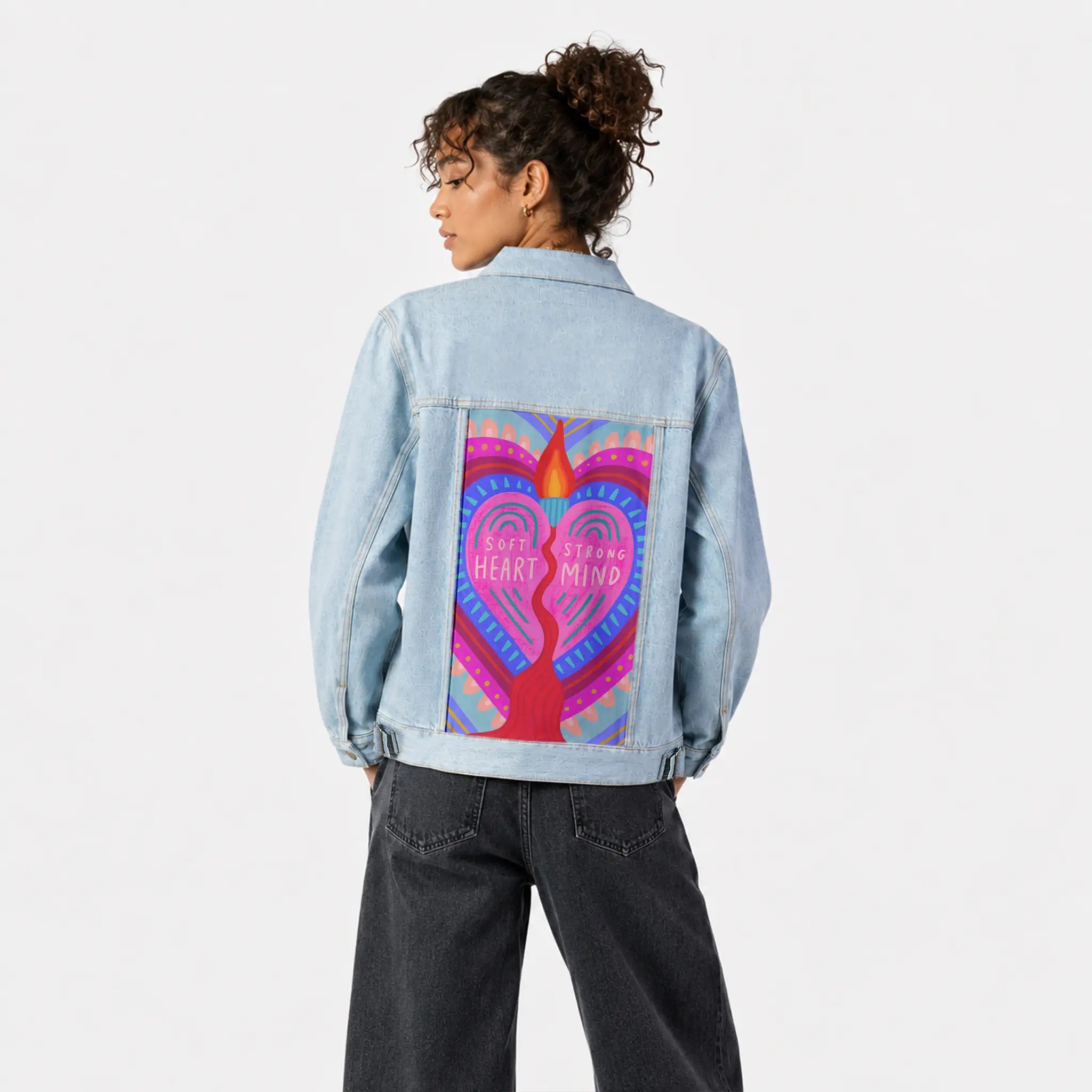 heartandmind patch on female og denim jacket in oceanside