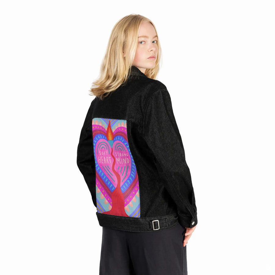 heartandmind patch on female og denim jacket in raven