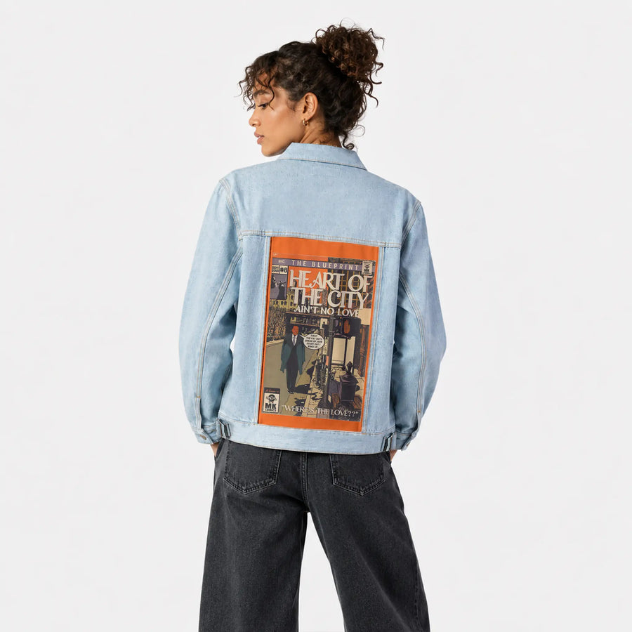 heartofthecity patch on female og denim jacket in oceanside