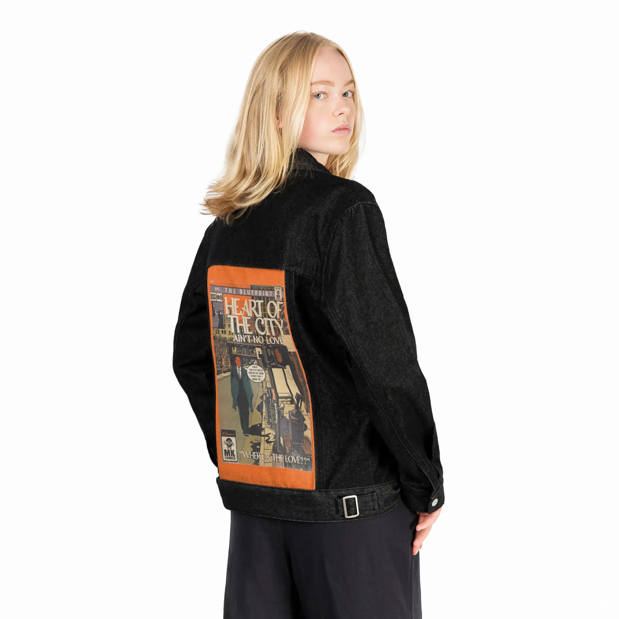 heartofthecity patch on female og denim jacket in raven