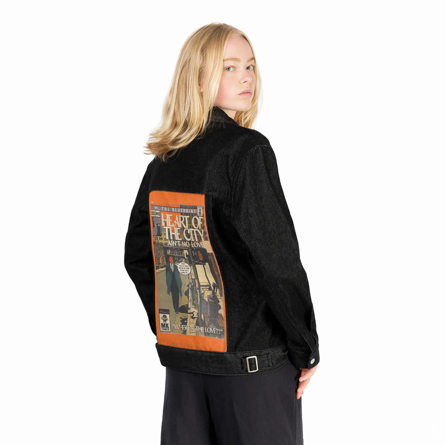 heartofthecity patch on female og denim jacket in raven