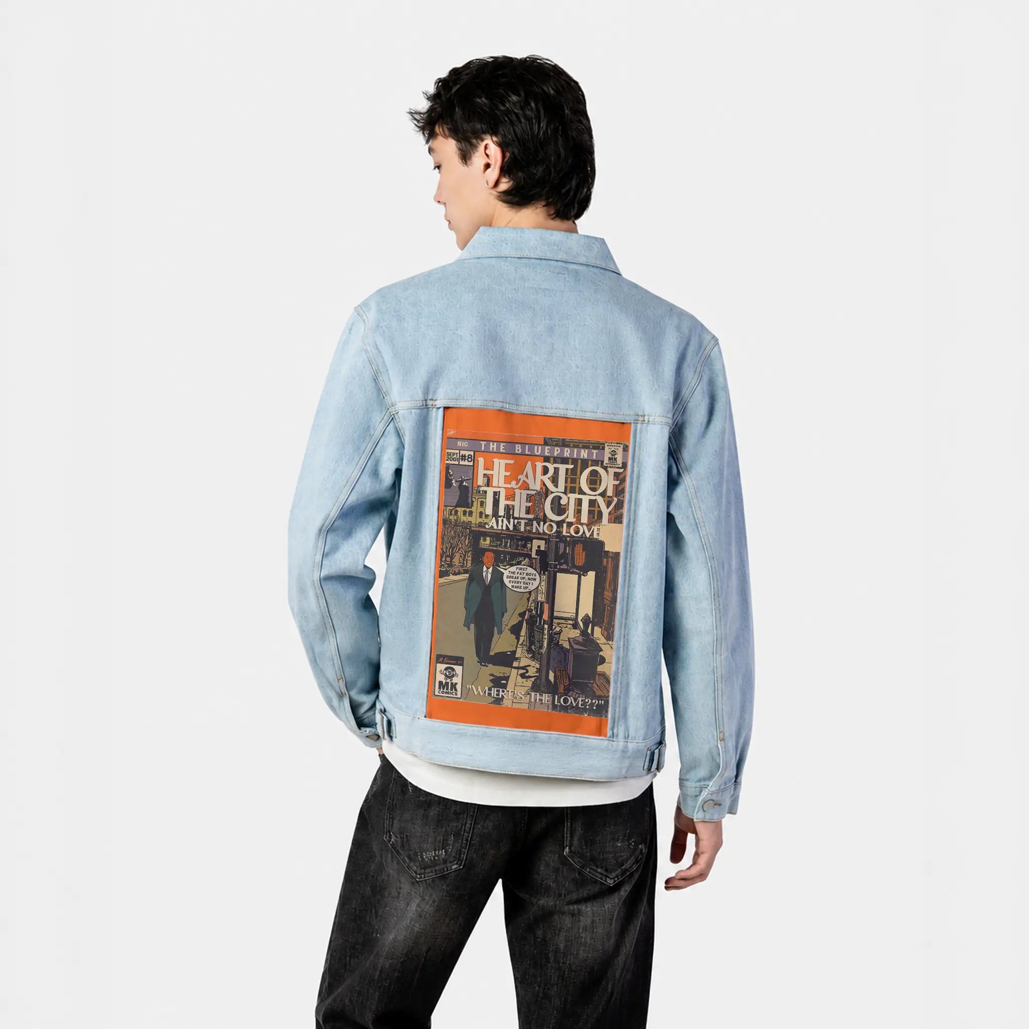 heartofthecity patch on male og denim jacket in oceanside