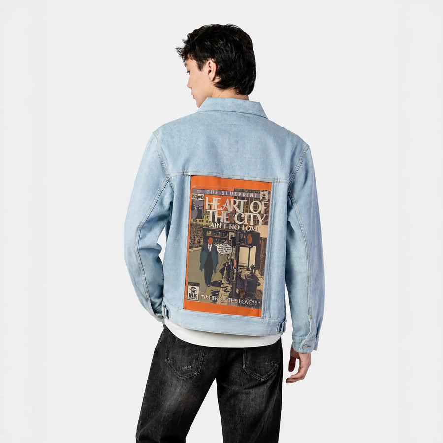 heartofthecity patch on male og denim jacket in oceanside