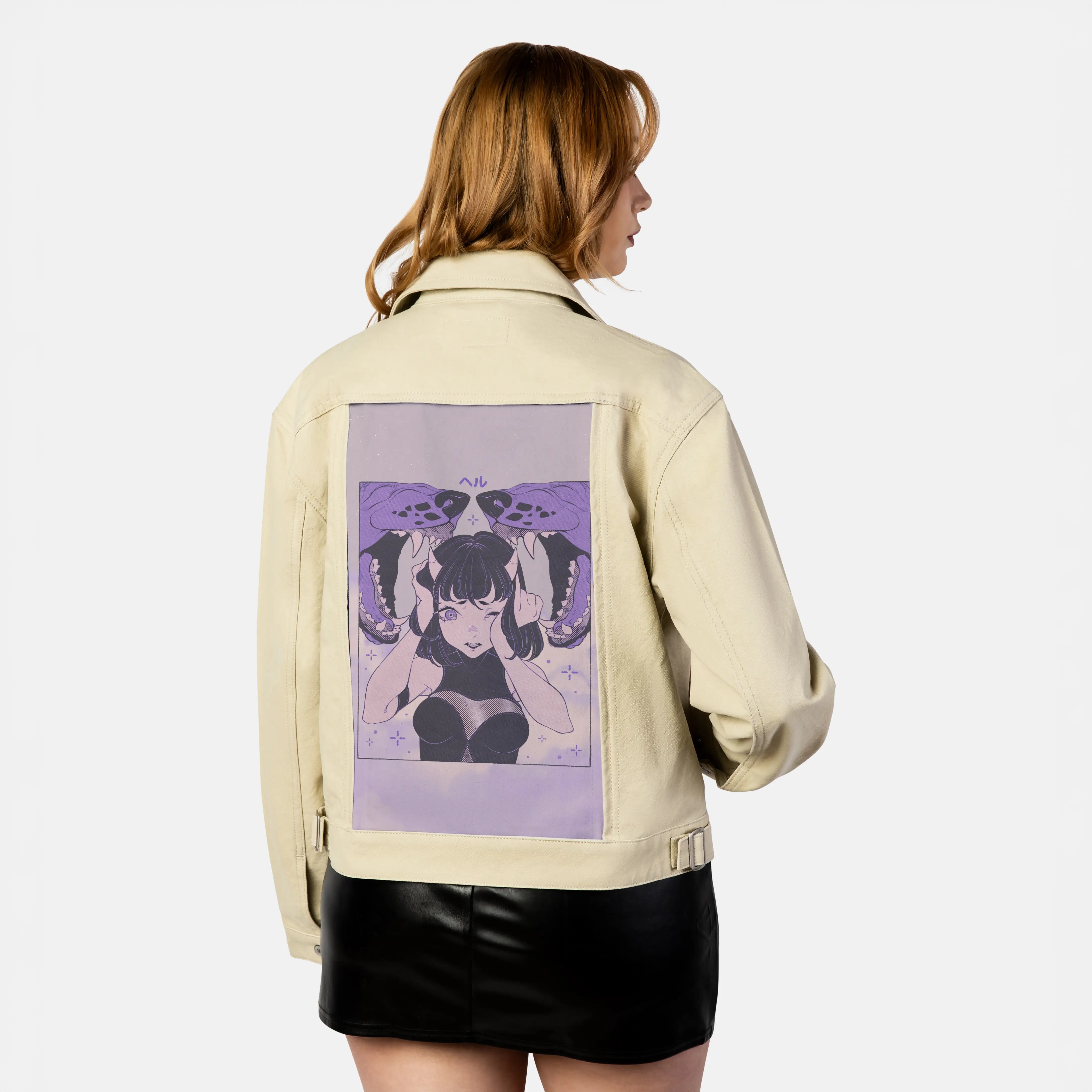 hell patch on female atelier canvas jacket in tan