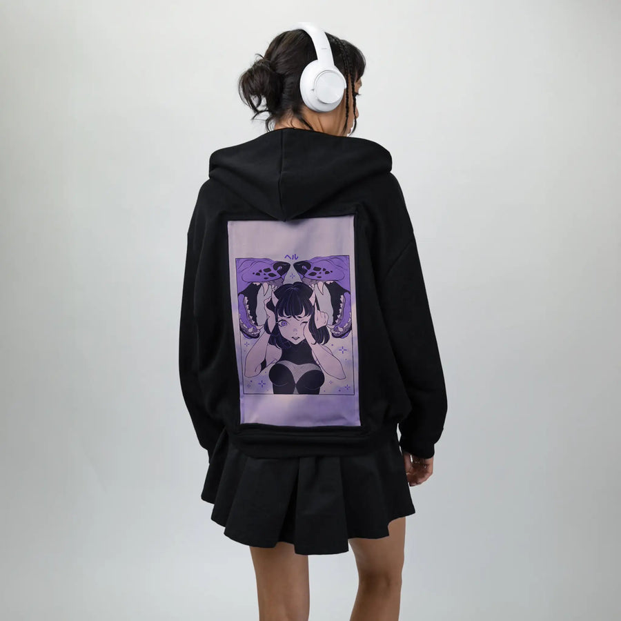 hell patch on female essential zip hoodie in after hours