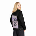 hell patch on female og denim jacket in raven