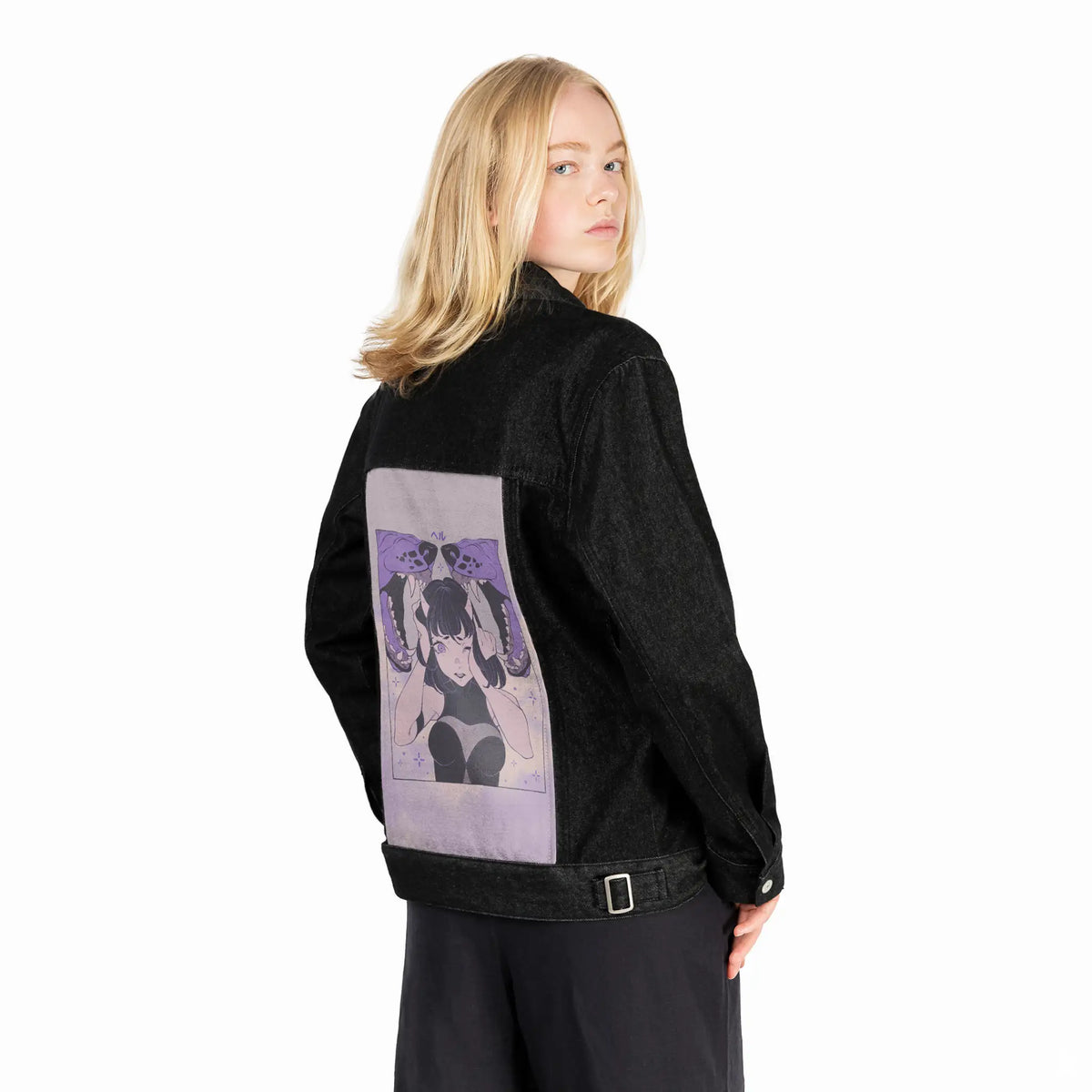 hell patch on female og denim jacket in raven