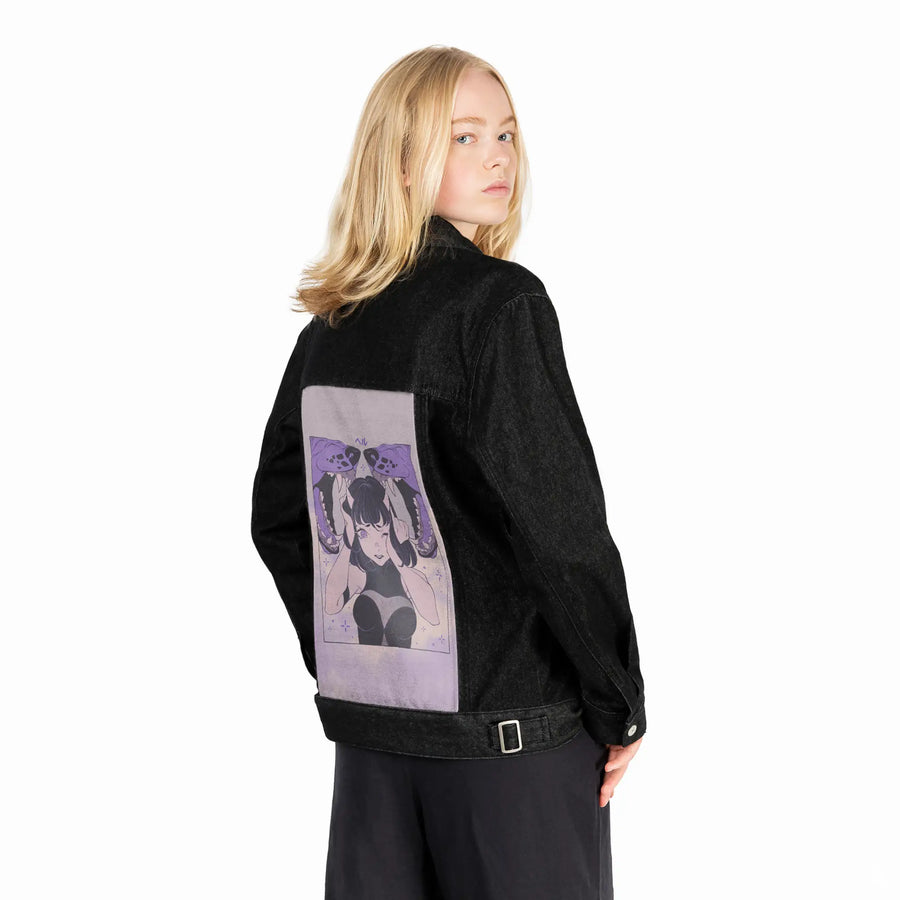 hell patch on female og denim jacket in raven