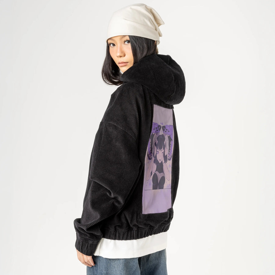 hell patch on female retro cord hoodie in onyx