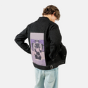 hell patch on male og denim jacket in raven