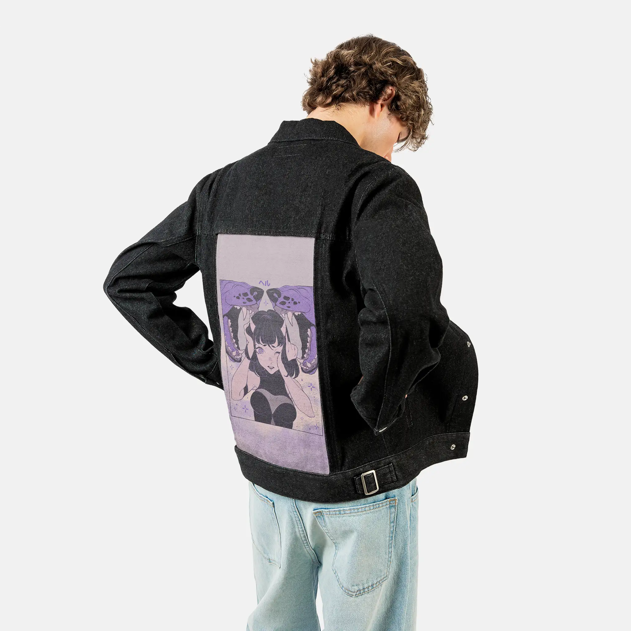 hell patch on male og denim jacket in raven