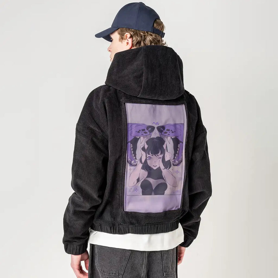 hell patch on male retro cord hoodie in onyx