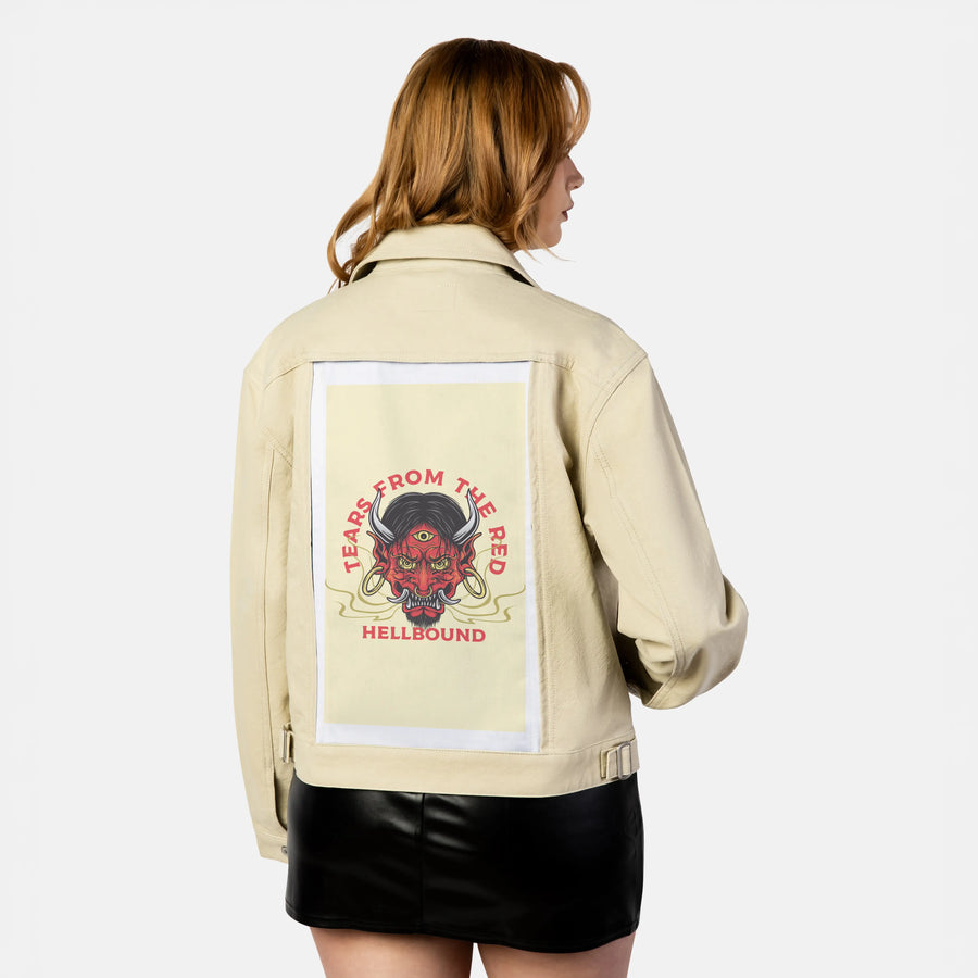 hellbound patch on female atelier canvas jacket in tan