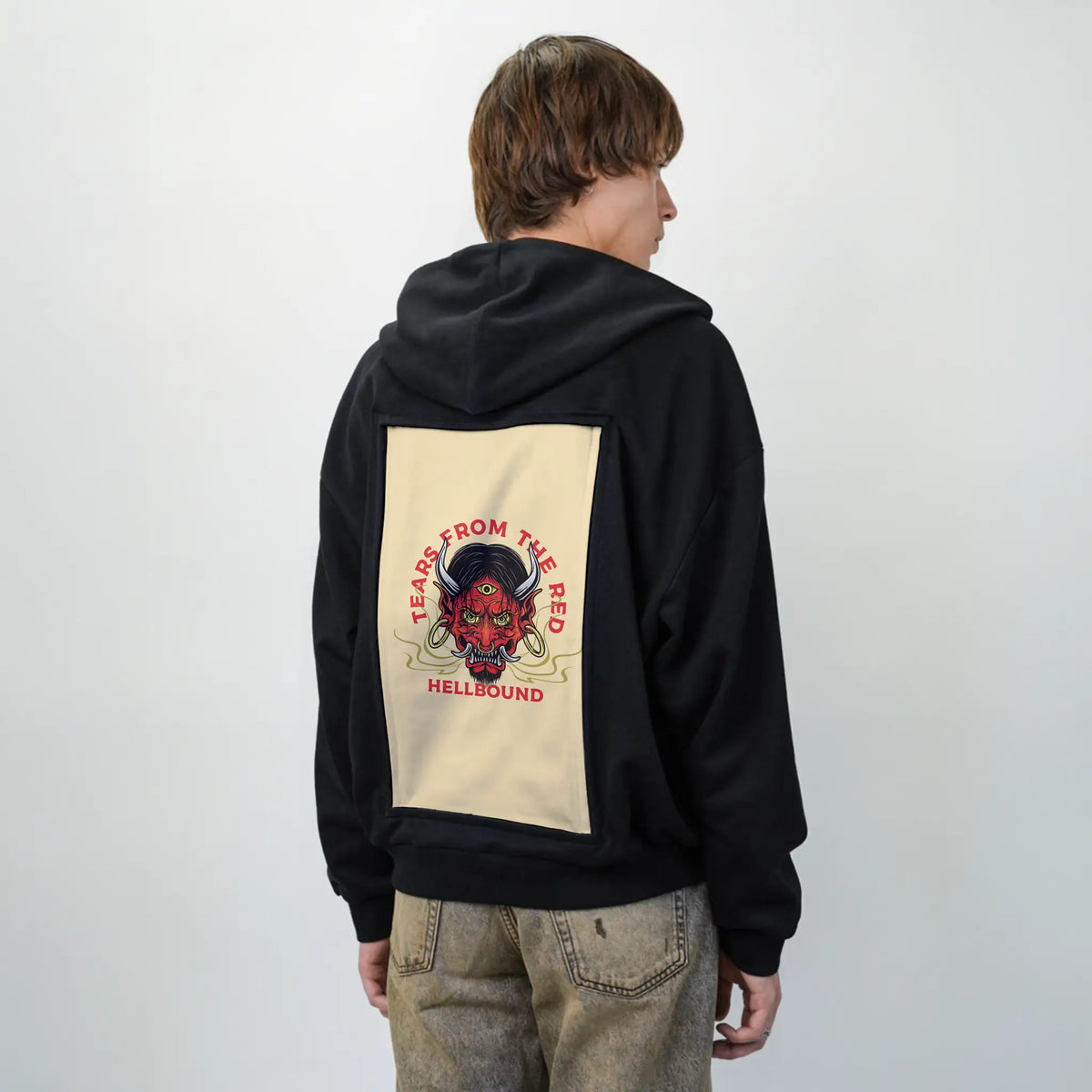 hellbound patch on male essential zip hoodie in after hours