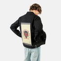 hellbound patch on male og denim jacket in raven