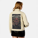 hellfireclub patch on female atelier canvas jacket in tan