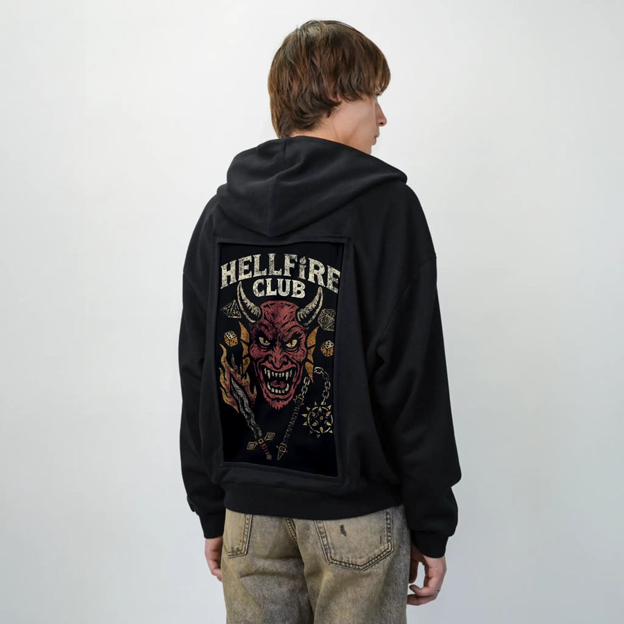 hellfireclub patch on male essential zip hoodie in after hours
