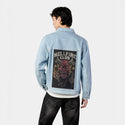 hellfireclub patch on male og denim jacket in oceanside